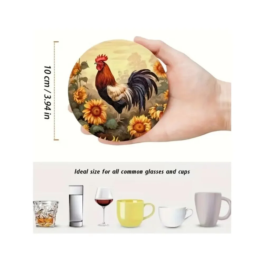 NWT Farmhouse Vintage Rooster Floral Round Wood Coasters Set of 6